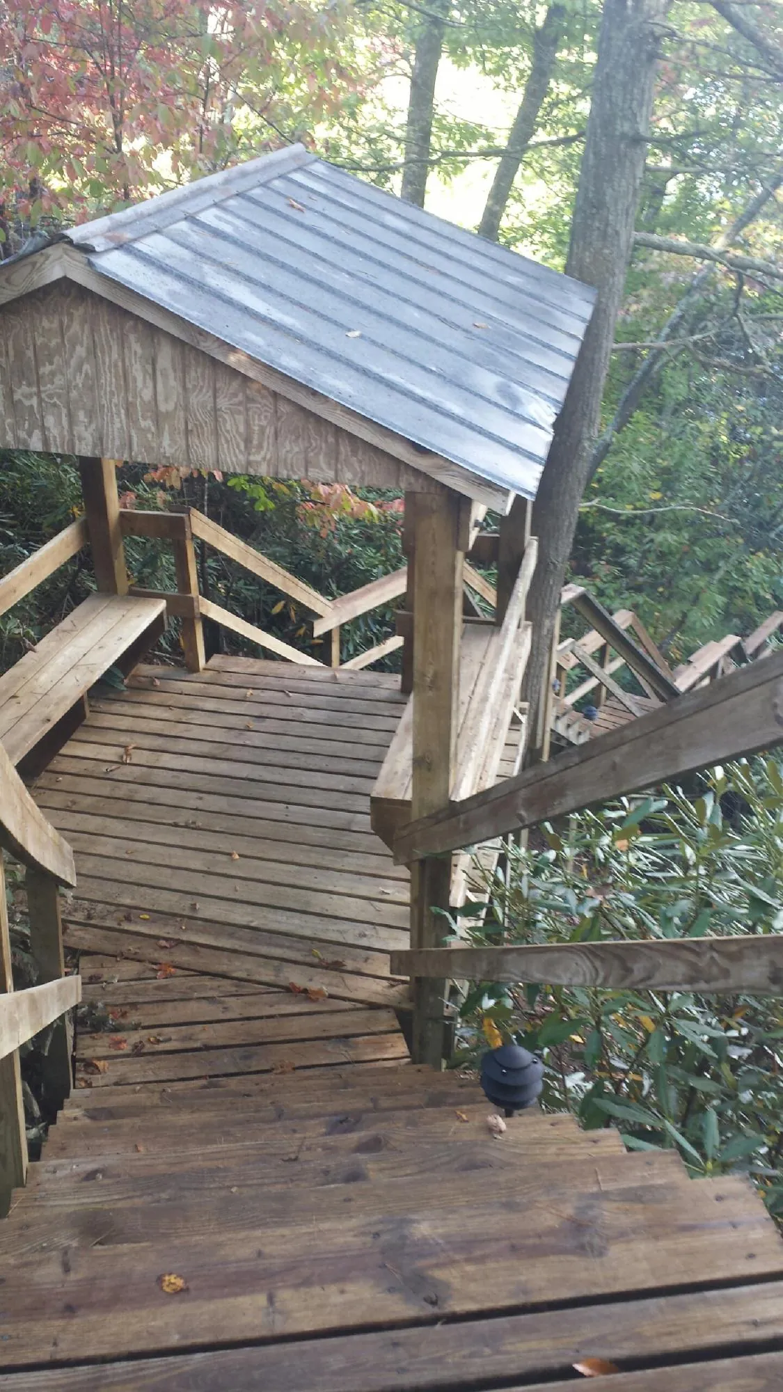 Metal roofed shelter over wooden steps on a wooded walkway — Skylight Repair & Installation work by our crew in Hollansburg